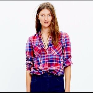 Madewell Ex Boyfriend Cotton Purple Red Blue Kentwood Plaid Shirt Small EUC